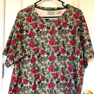 Basic Editions Vintage Heavyweight Cotton Floral Short Sleeve Top, Size 1X